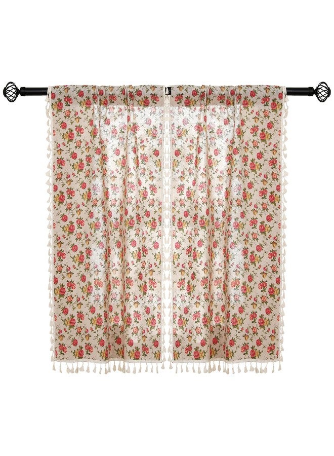 Moslovstar 2 Panels Linen Tassels Curtains Farmhouse Red Rose Flower Vintage Semi Sheer Window Curtain for Kitchen Bathroom, 26x24in Tiers Curtain - Image 1